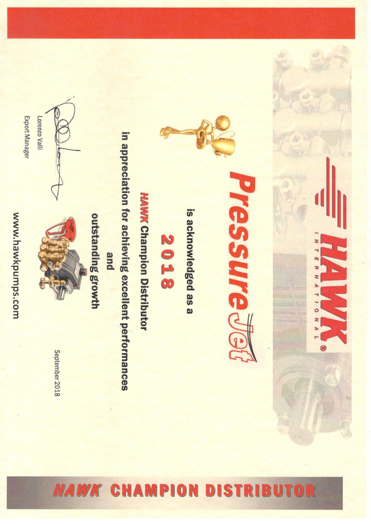 Hawk Champion Distributor Certificate 2018