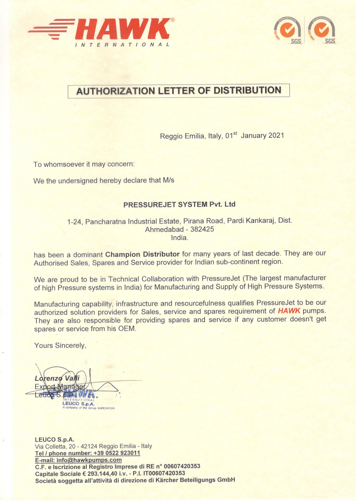 Authorization Letter of Distribution Hawk 2021