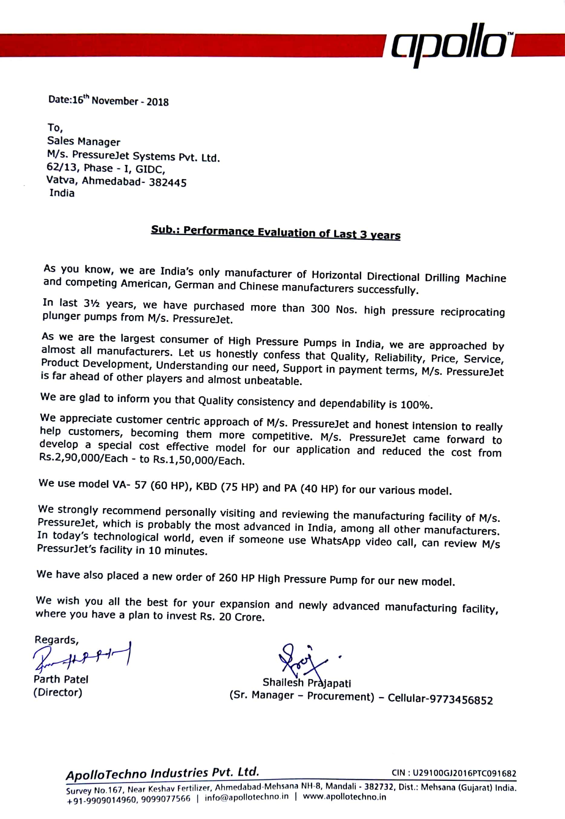  AppoloTechno Industries Pvt. Ltd. (Performance certificate)